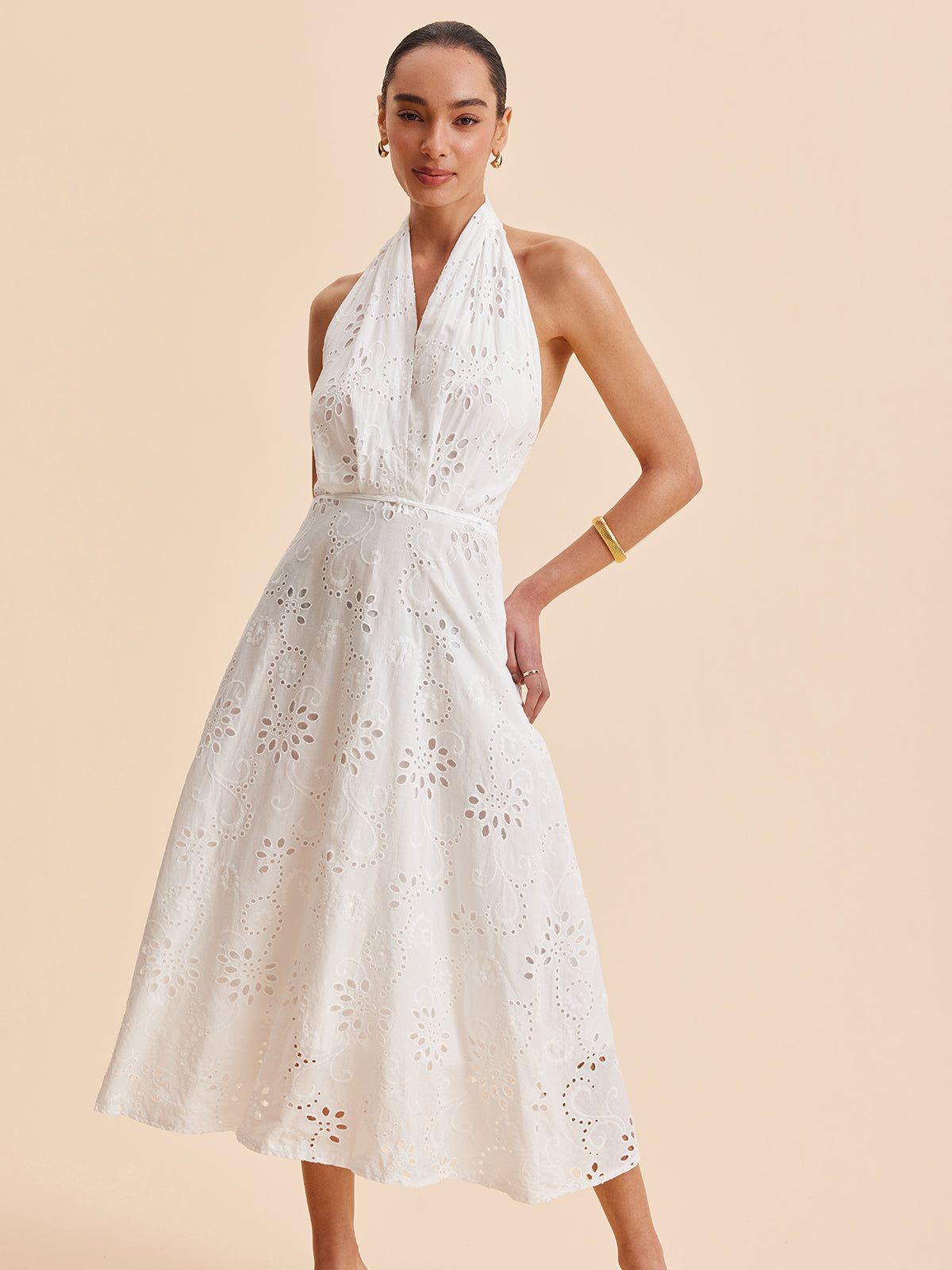Women’s Halter Embroidered Belted Maxi Dress – Cotton Blend Elegant Vacation & Work Dress