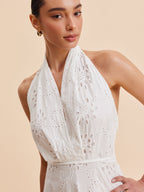 Women’s Halter Embroidered Belted Maxi Dress – Cotton Blend Elegant Vacation & Work Dress