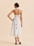 Women’s Halter Embroidered Belted Maxi Dress – Cotton Blend Elegant Vacation & Work Dress