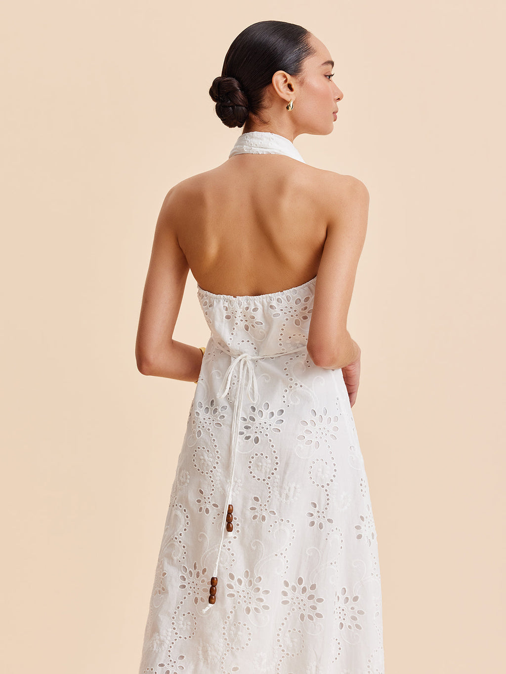 Women’s Halter Embroidered Belted Maxi Dress – Cotton Blend Elegant Vacation & Work Dress