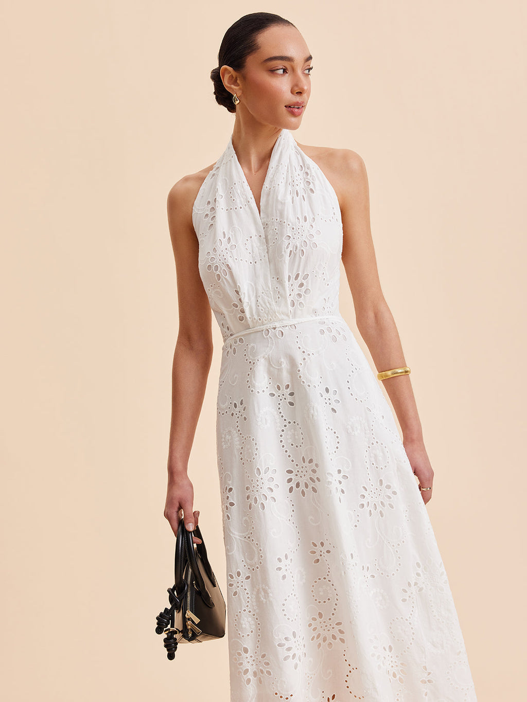 Women’s Halter Embroidered Belted Maxi Dress – Cotton Blend Elegant Vacation & Work Dress
