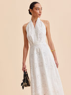Women’s Halter Embroidered Belted Maxi Dress – Cotton Blend Elegant Vacation & Work Dress