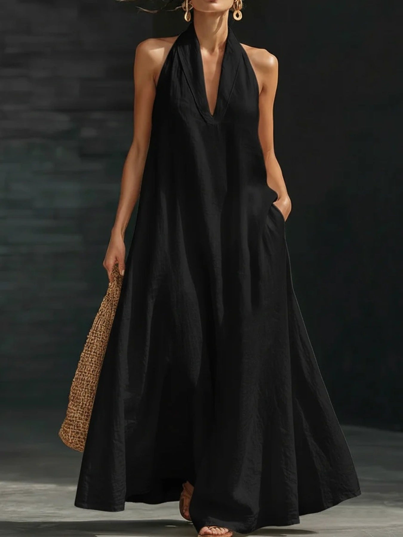 Women’s Cotton Linen Maxi Shirt Dress – Pocketed Button-Front Summer Dress