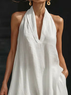 Women’s Cotton Linen Maxi Shirt Dress – Pocketed Button-Front Summer Dress
