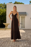 Ruched Waist Spaghetti Strap Tiered Maxi Dress in Chocolate Brown