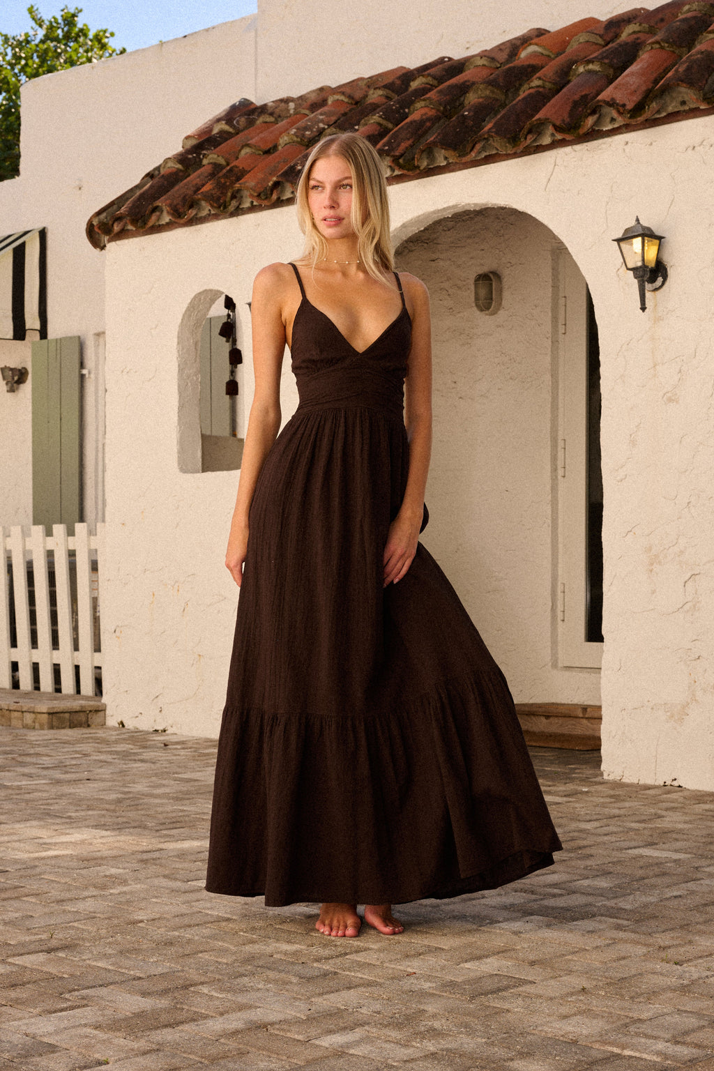 Ruched Waist Spaghetti Strap Tiered Maxi Dress in Chocolate Brown
