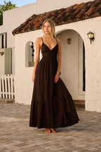 Ruched Waist Spaghetti Strap Tiered Maxi Dress in Chocolate Brown