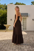 Ruched Waist Spaghetti Strap Tiered Maxi Dress in Chocolate Brown