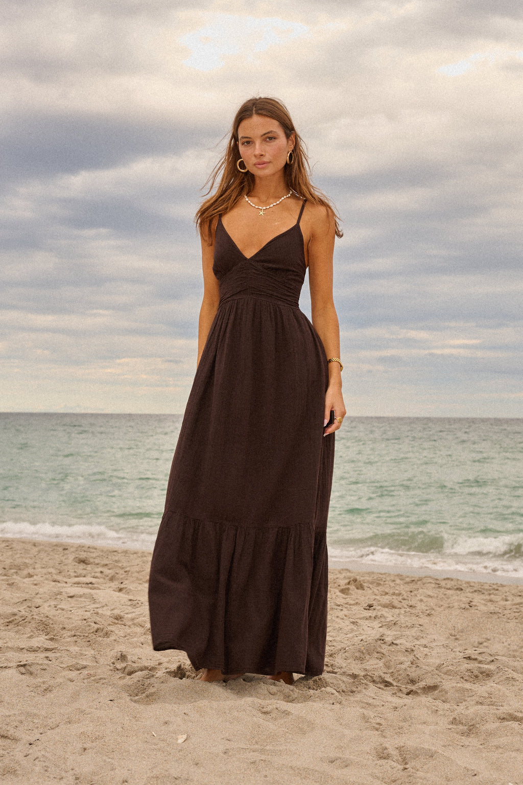 Ruched Waist Spaghetti Strap Tiered Maxi Dress in Chocolate Brown