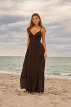 Ruched Waist Spaghetti Strap Tiered Maxi Dress in Chocolate Brown