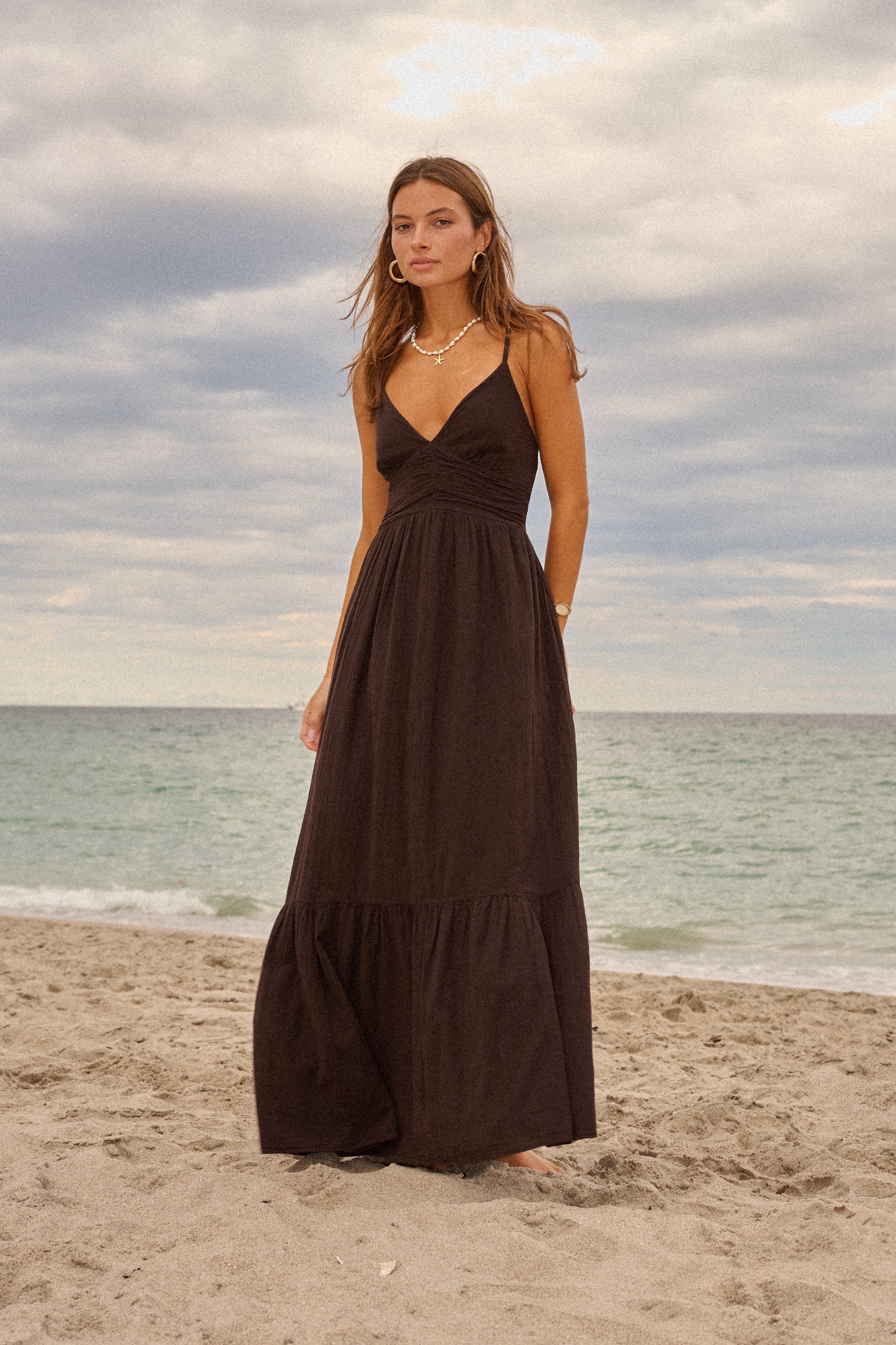 Ruched Waist Spaghetti Strap Tiered Maxi Dress in Chocolate Brown