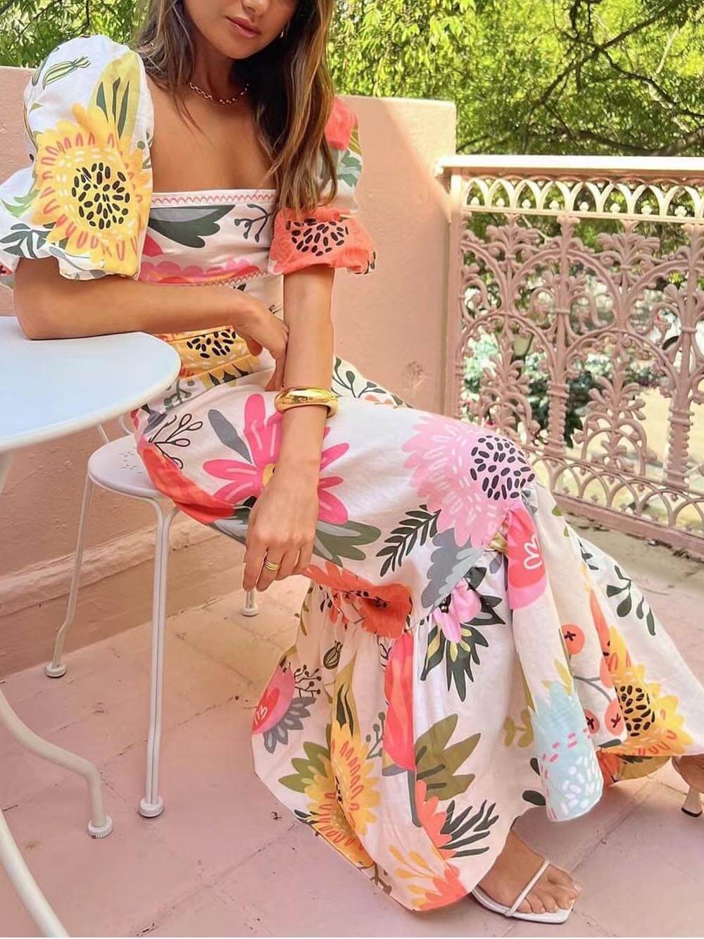 Women’s Floral Print Maxi Dress – Square Neck Puff Sleeve Loose Fit Vacation Dress with Back Zipper