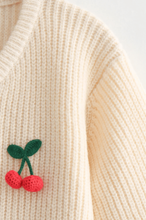 Women’s Cherry V-Neck Button Down Cardigan – Cute Embroidered Knit Sweater with Playful Design for Casual Layering & Everyday Wear