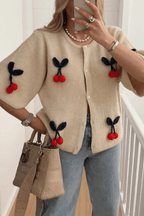 Women’s Cherry V-Neck Button Down Cardigan – Cute Embroidered Knit Sweater with Playful Design for Casual Layering & Everyday Wear