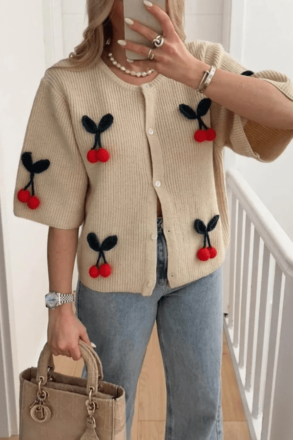 Women’s Cherry V-Neck Button Down Cardigan – Cute Embroidered Knit Sweater with Playful Design for Casual Layering & Everyday Wear