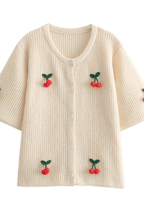 Women’s Cherry V-Neck Button Down Cardigan – Cute Embroidered Knit Sweater with Playful Design for Casual Layering & Everyday Wear