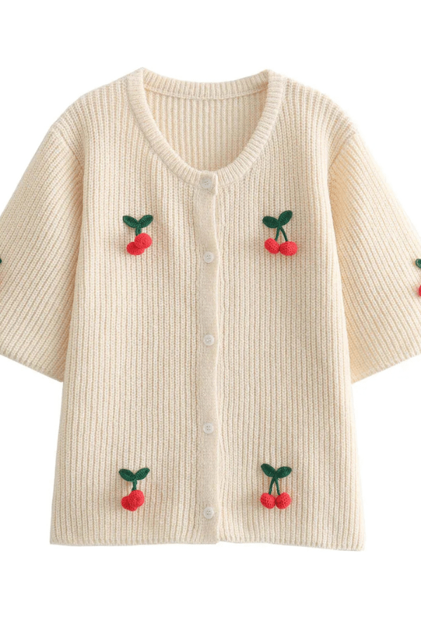 Women’s Cherry V-Neck Button Down Cardigan – Cute Embroidered Knit Sweater with Playful Design for Casual Layering & Everyday Wear