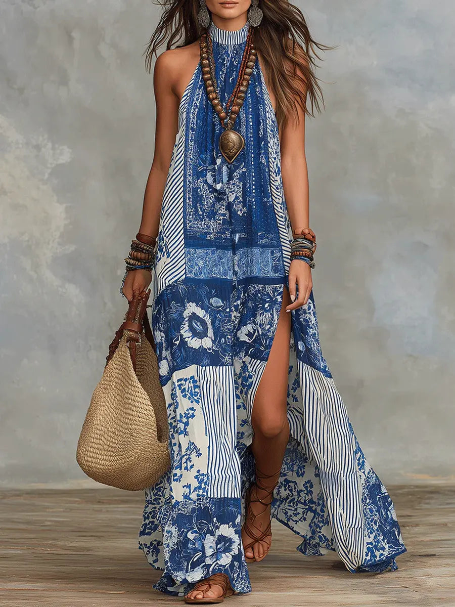 Women’s Isla Patchwork Maxi Dress Flowy Boho Style Lightweight Breathable Summer Long Dress Side Slit Vacation Beach Casual Outfit