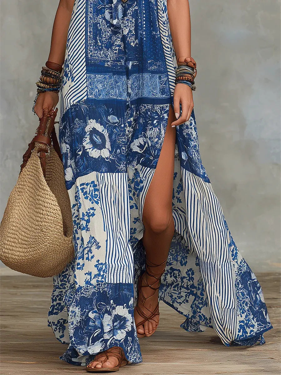 Women’s Isla Patchwork Maxi Dress Flowy Boho Style Lightweight Breathable Summer Long Dress Side Slit Vacation Beach Casual Outfit
