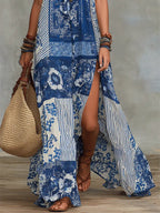 Women’s Isla Patchwork Maxi Dress Flowy Boho Style Lightweight Breathable Summer Long Dress Side Slit Vacation Beach Casual Outfit