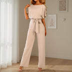 Women’s Belted Co-Ord Set – Short Sleeve Top & Wide Leg Trousers Two-Piece Outfit