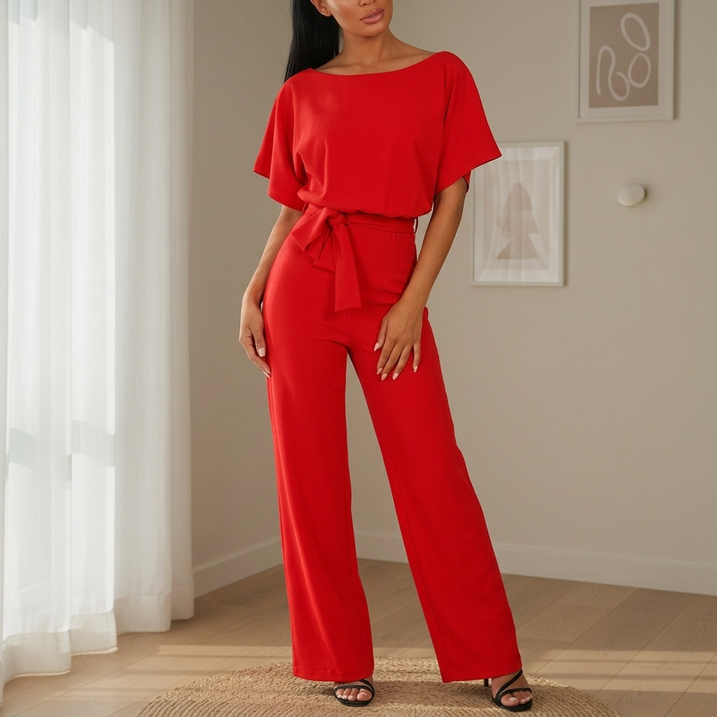 Women’s Belted Co-Ord Set – Short Sleeve Top & Wide Leg Trousers Two-Piece Outfit