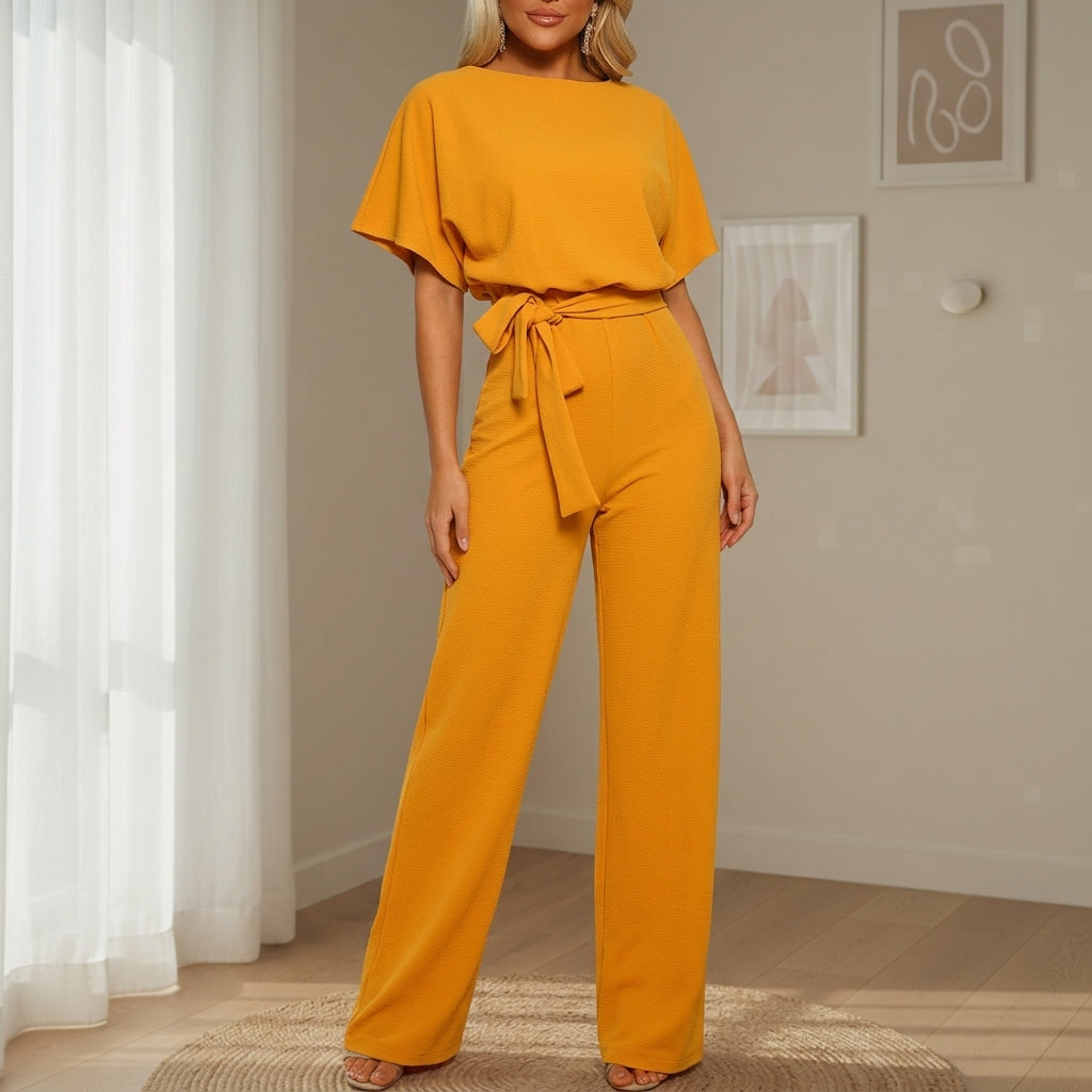 Women’s Belted Co-Ord Set – Short Sleeve Top & Wide Leg Trousers Two-Piece Outfit