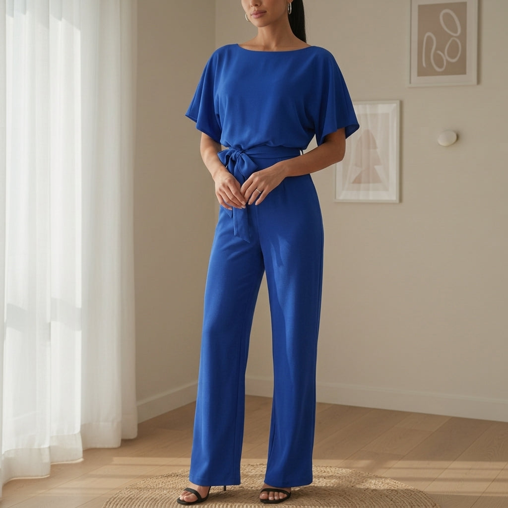 Women’s Belted Co-Ord Set – Short Sleeve Top & Wide Leg Trousers Two-Piece Outfit