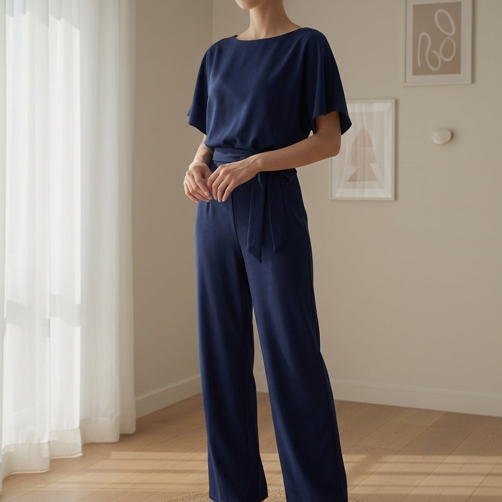 Women’s Belted Co-Ord Set – Short Sleeve Top & Wide Leg Trousers Two-Piece Outfit