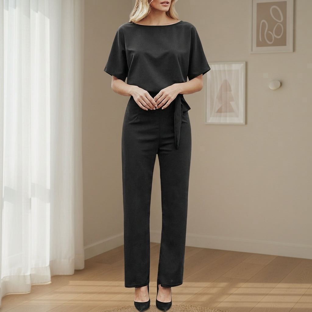 Women’s Belted Co-Ord Set – Short Sleeve Top & Wide Leg Trousers Two-Piece Outfit