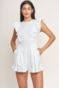 Solid Ruffle Sleeve Button-Down Woven Romper
