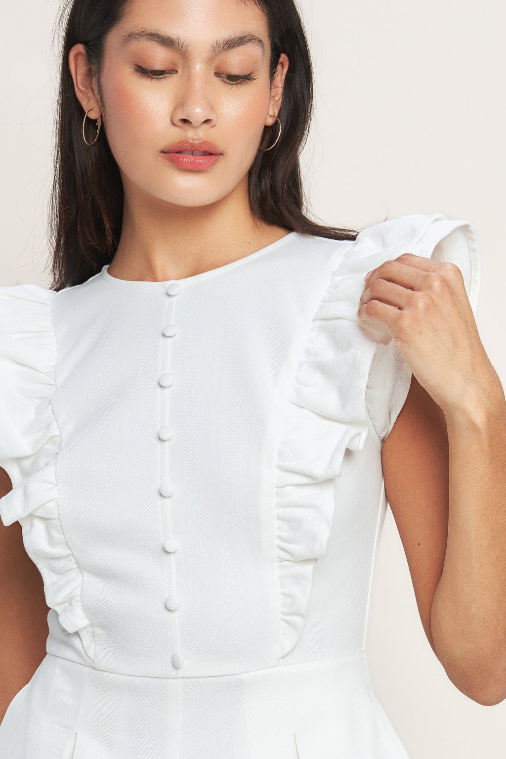Solid Ruffle Sleeve Button-Down Woven Romper