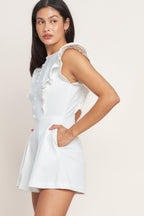 Solid Ruffle Sleeve Button-Down Woven Romper