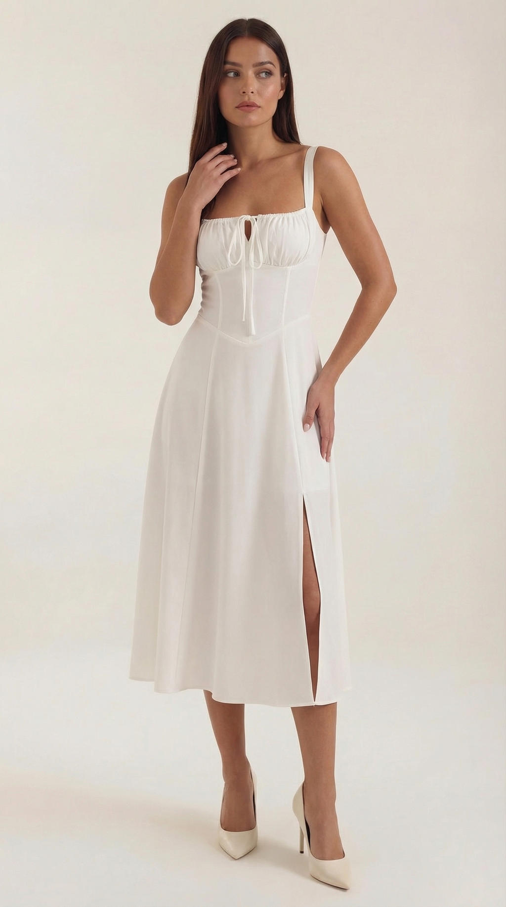 Jade Lace-Up Midi Dress – Sweetheart A-Line Romantic Side Slit Dress