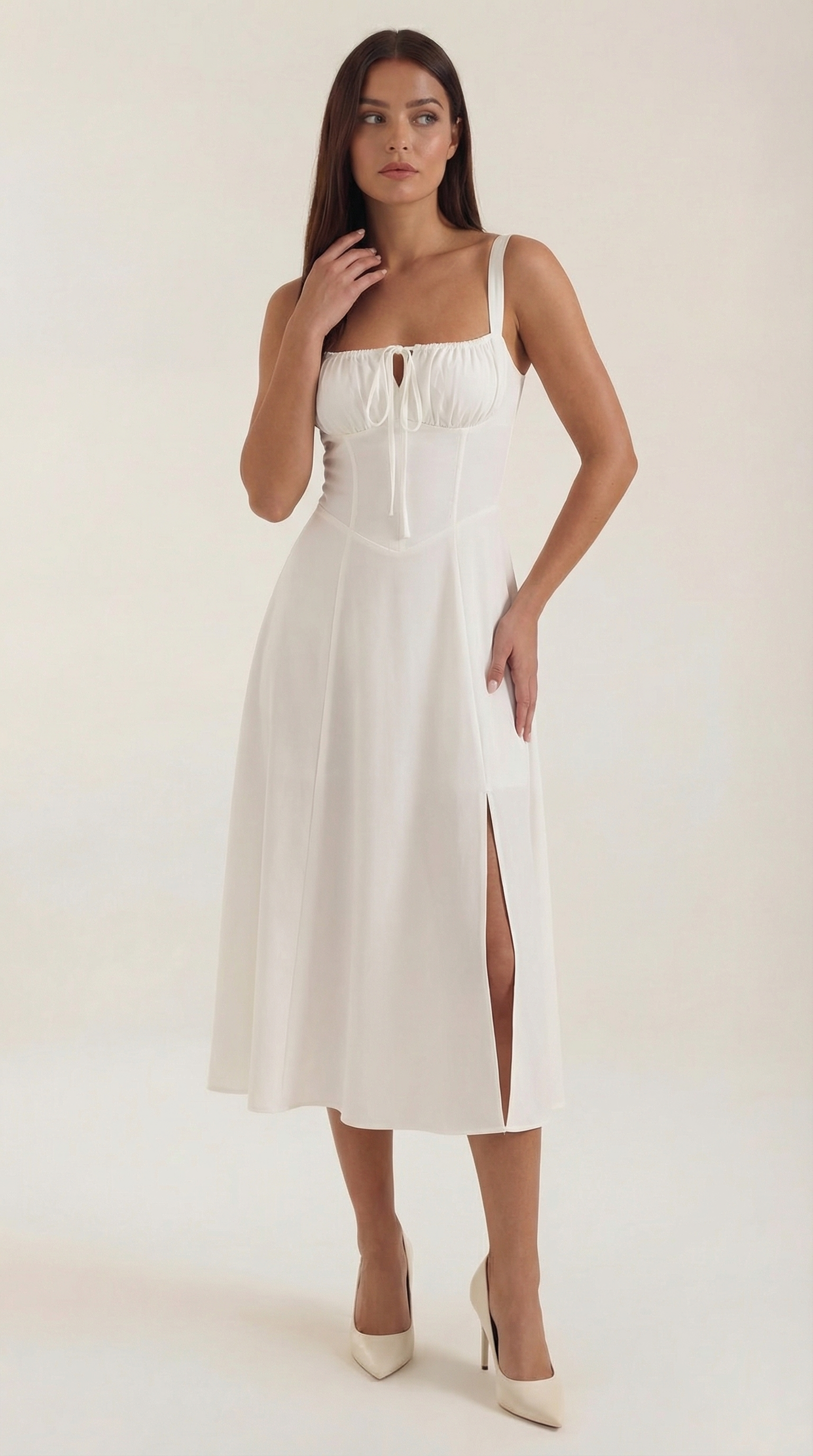 Jade Lace-Up Midi Dress – Sweetheart A-Line Romantic Side Slit Dress