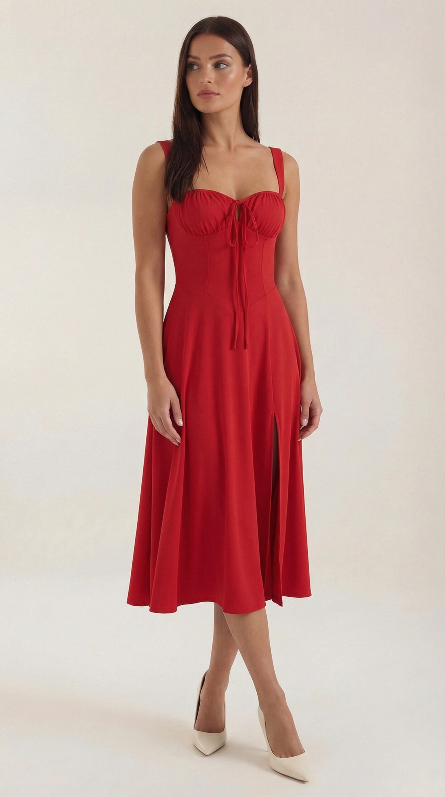 Janice Lace-Up Midi Dress — Women’s Sweetheart A-Line Midi Sundress with Side Slit Summer Romance Dress