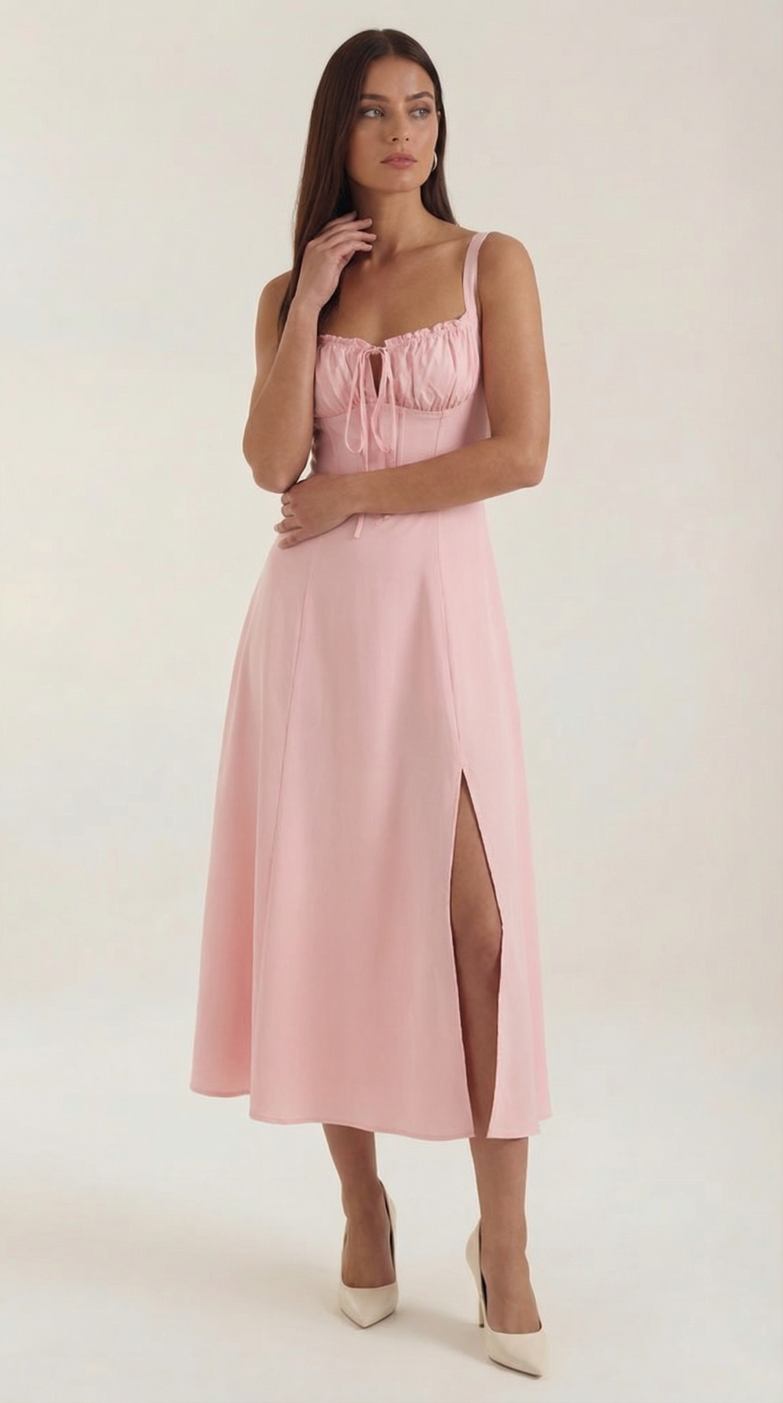 Janice Lace-Up Midi Dress — Women’s Sweetheart A-Line Midi Sundress with Side Slit Summer Romance Dress