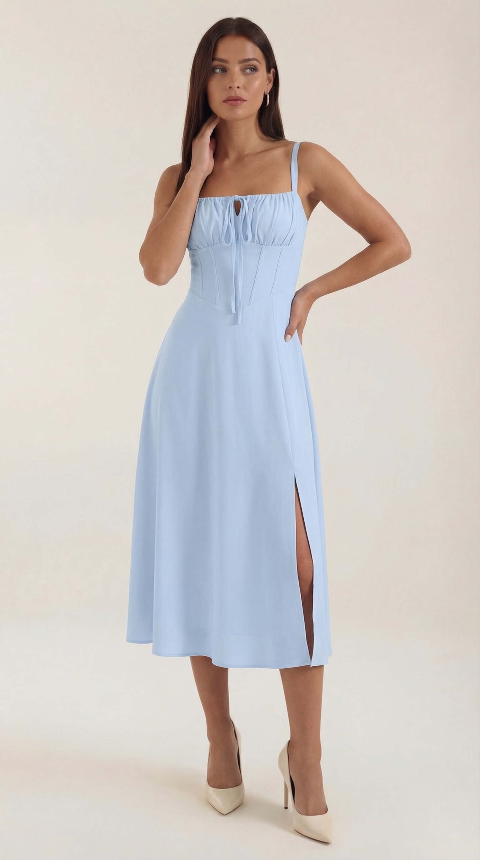 Janice Lace-Up Midi Dress — Women’s Sweetheart A-Line Midi Sundress with Side Slit Summer Romance Dress