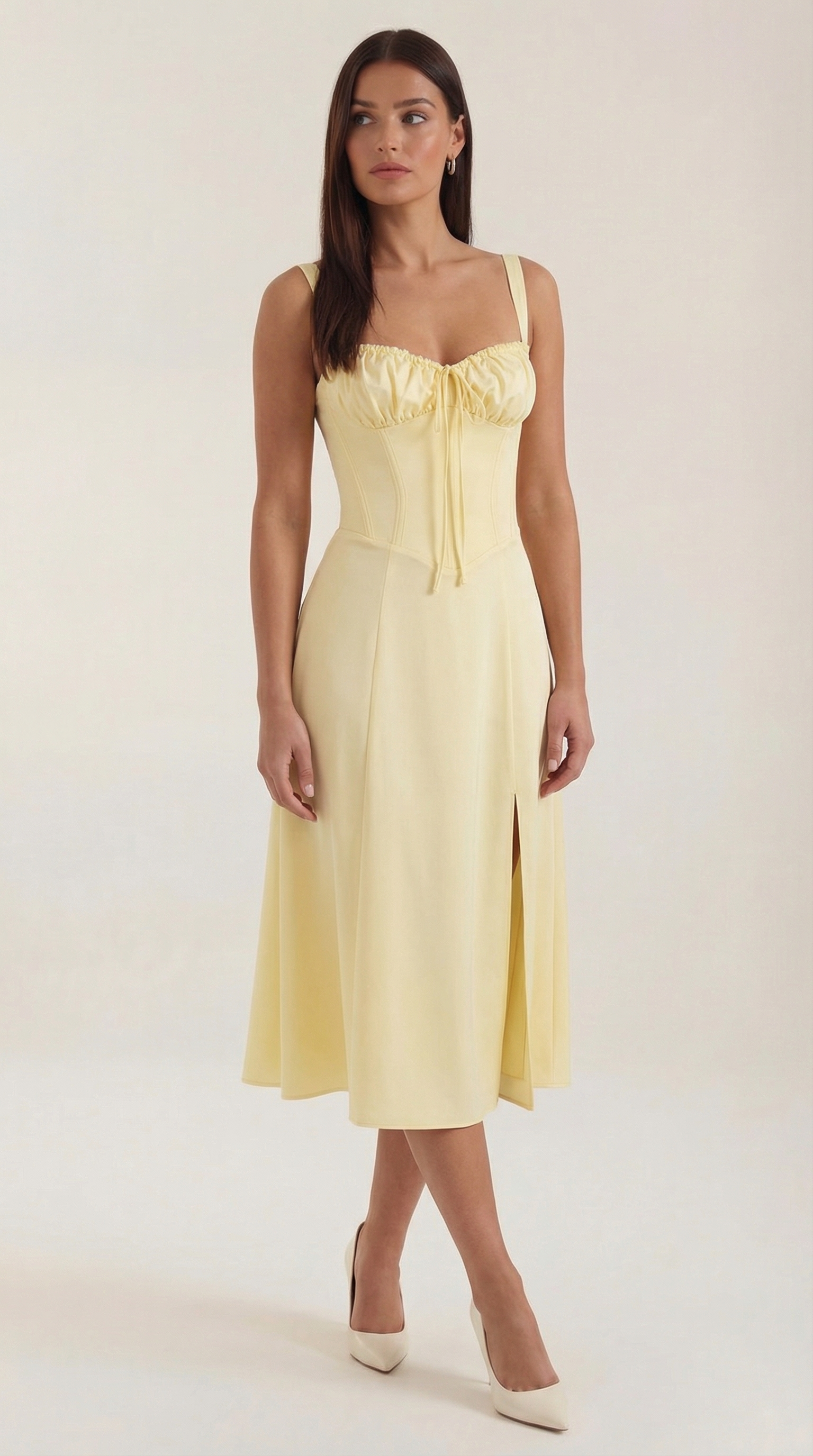 Janice Lace-Up Midi Dress — Women’s Sweetheart A-Line Midi Sundress with Side Slit Summer Romance Dress