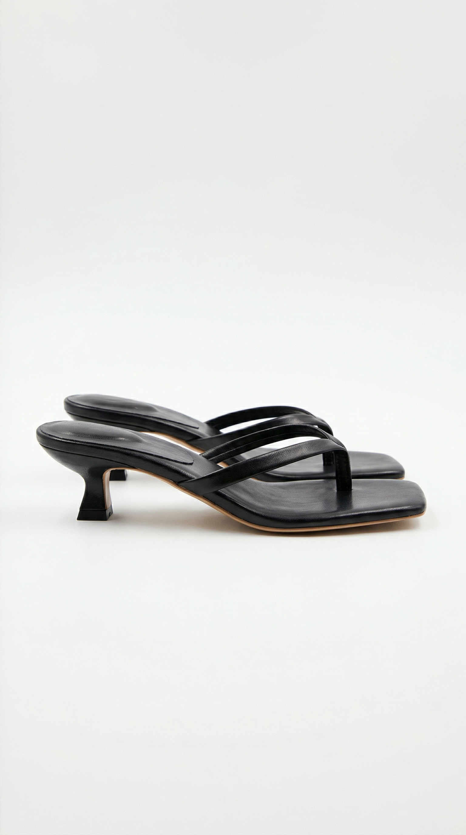 Black Square Toe Thong Kitten Heel Sandals Women's Minimalist Flip Flop Kitten Heels