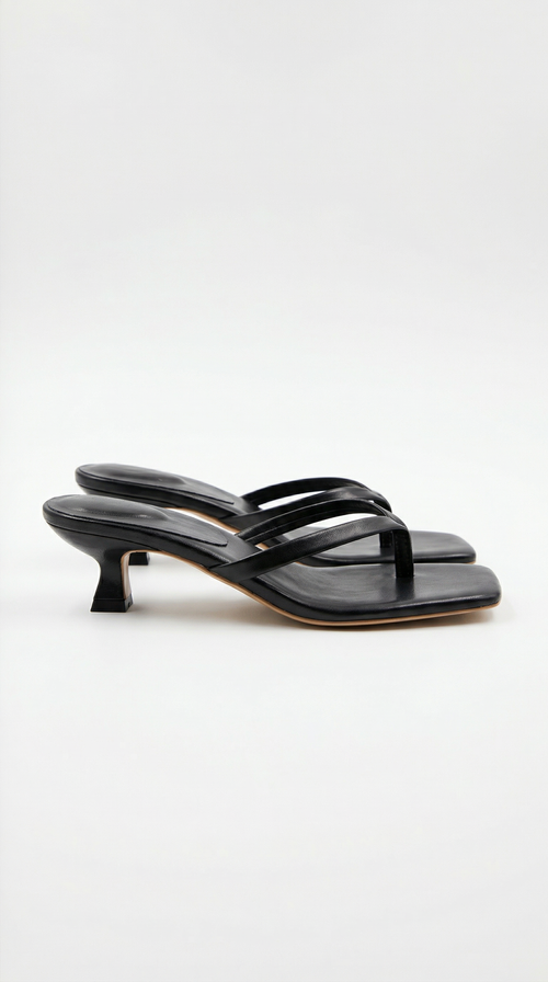 Black Square Toe Thong Kitten Heel Sandals Women's Minimalist Flip Flop Kitten Heels