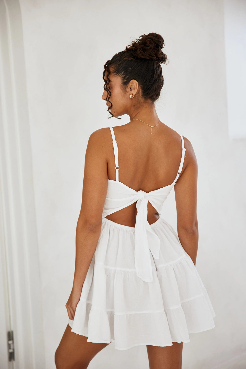 Smocked Bodice Spaghetti Strap Tiered Mini Dress in White