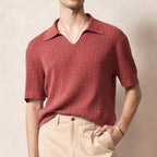 Men’s V-Neck Polo Shirt with Johnny Collar – Soft Touch Ribbed Buttonless Polo