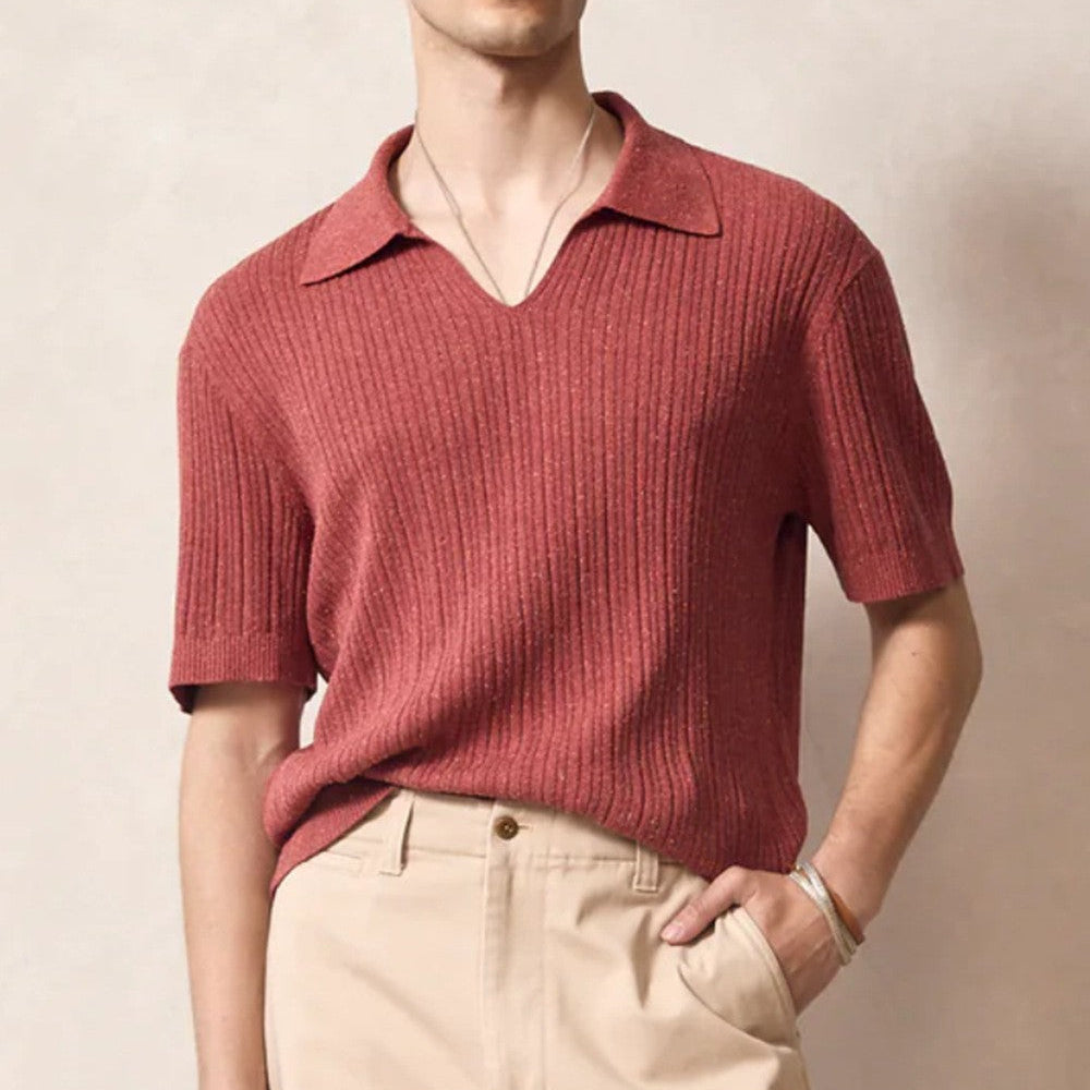 Men’s V-Neck Polo Shirt with Johnny Collar – Soft Touch Ribbed Buttonless Polo