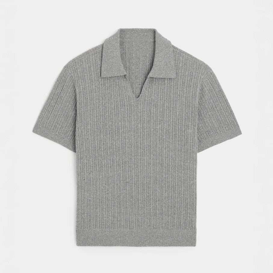 Men’s V-Neck Polo Shirt with Johnny Collar – Soft Touch Ribbed Buttonless Polo
