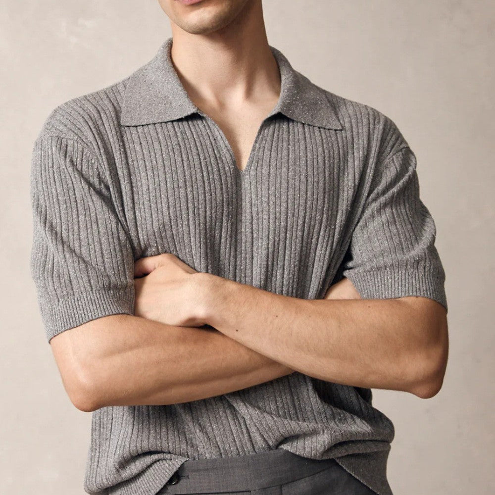 Men’s V-Neck Polo Shirt with Johnny Collar – Soft Touch Ribbed Buttonless Polo