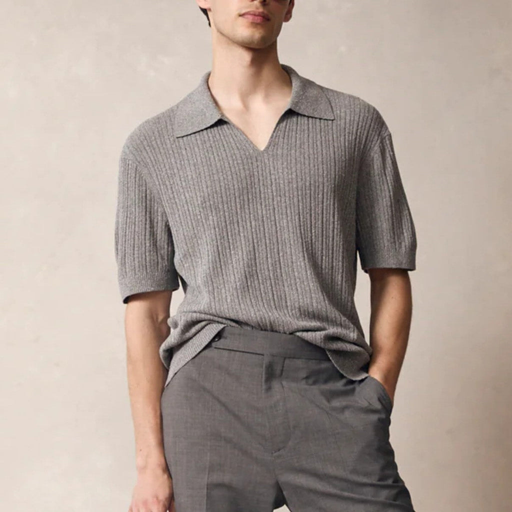 Men’s V-Neck Polo Shirt with Johnny Collar – Soft Touch Ribbed Buttonless Polo