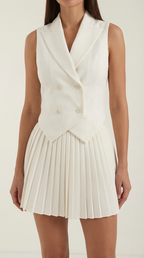 Kimberly Blazer Vest Skirt Set — Women’s Double-Breasted Gold Button Sleeveless Blazer & Pleated Mini Skirt Outfit