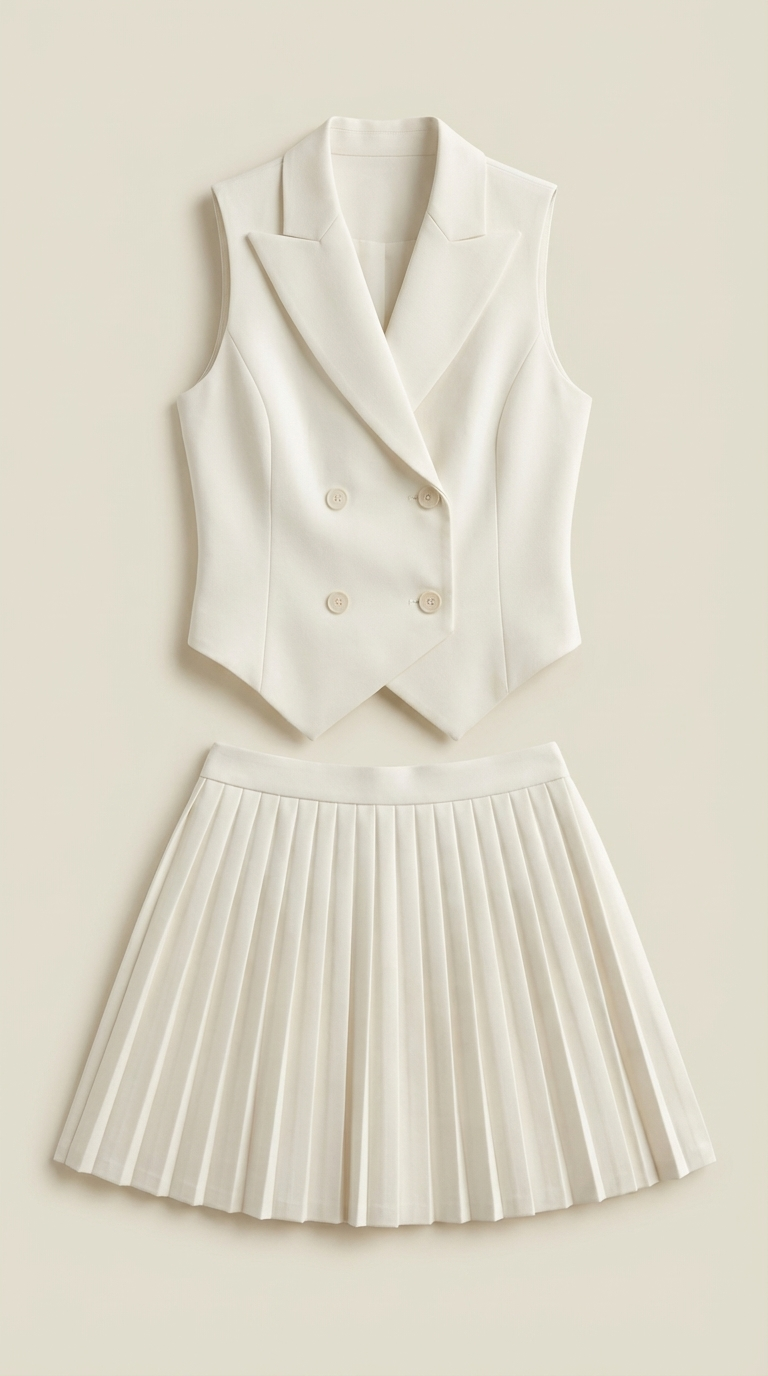 Kimberly Blazer Vest Skirt Set — Women’s Double-Breasted Gold Button Sleeveless Blazer & Pleated Mini Skirt Outfit