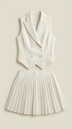 Kimberly Blazer Vest Skirt Set — Women’s Double-Breasted Gold Button Sleeveless Blazer & Pleated Mini Skirt Outfit